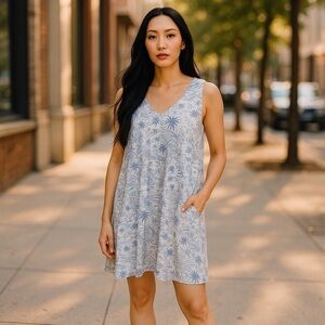 Old Navy Blue and White fully lined linen blend dress